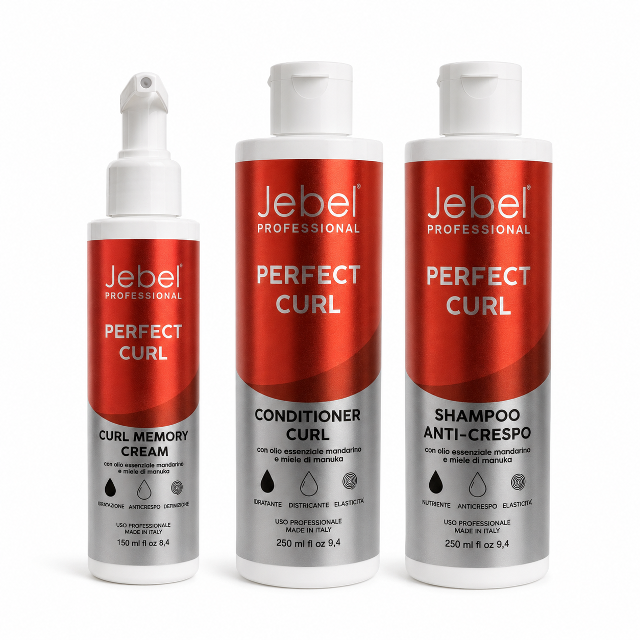 JEBEL Perfect Curl linea professionale per capelli ricci con shampoo conditioner e curl memory cream