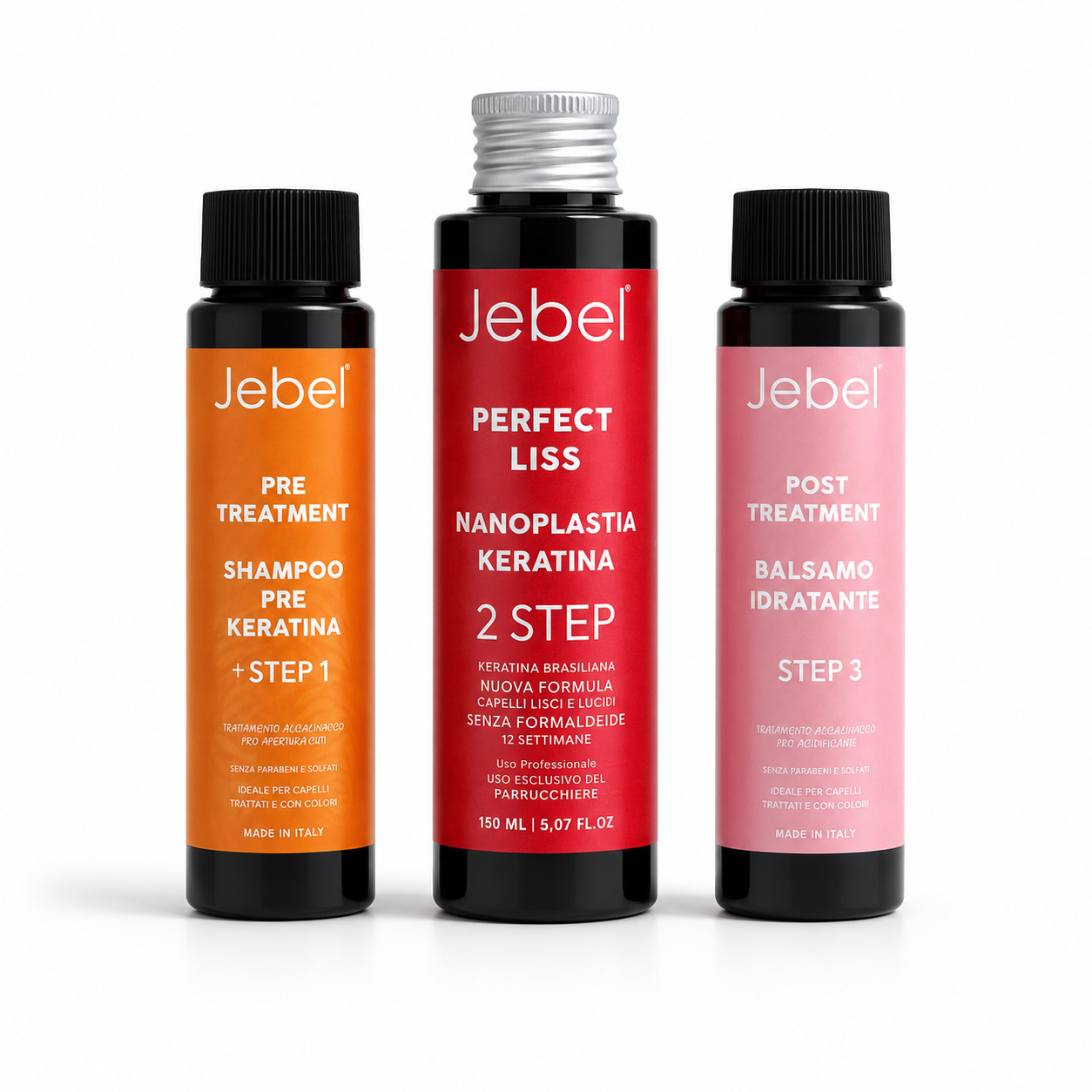 Hero Shopify del kit JEBEL Perfect Liss Nanoplastia Home con tre confezioni singole su sfondo bianco: shampoo pre trattamento, keratina nanoplastia e balsamo post trattamento.