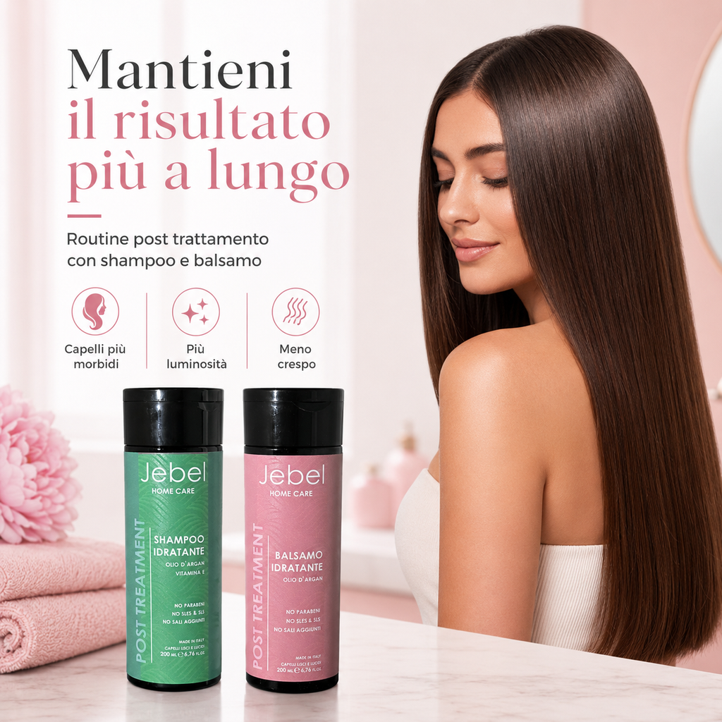 Immagine Shopify del kit JEBEL Post Treatment Home Care con shampoo idratante e balsamo idratante, pensata per mantenere più a lungo il risultato dopo il trattamento, con capelli più morbidi, luminosi e meno crespi.