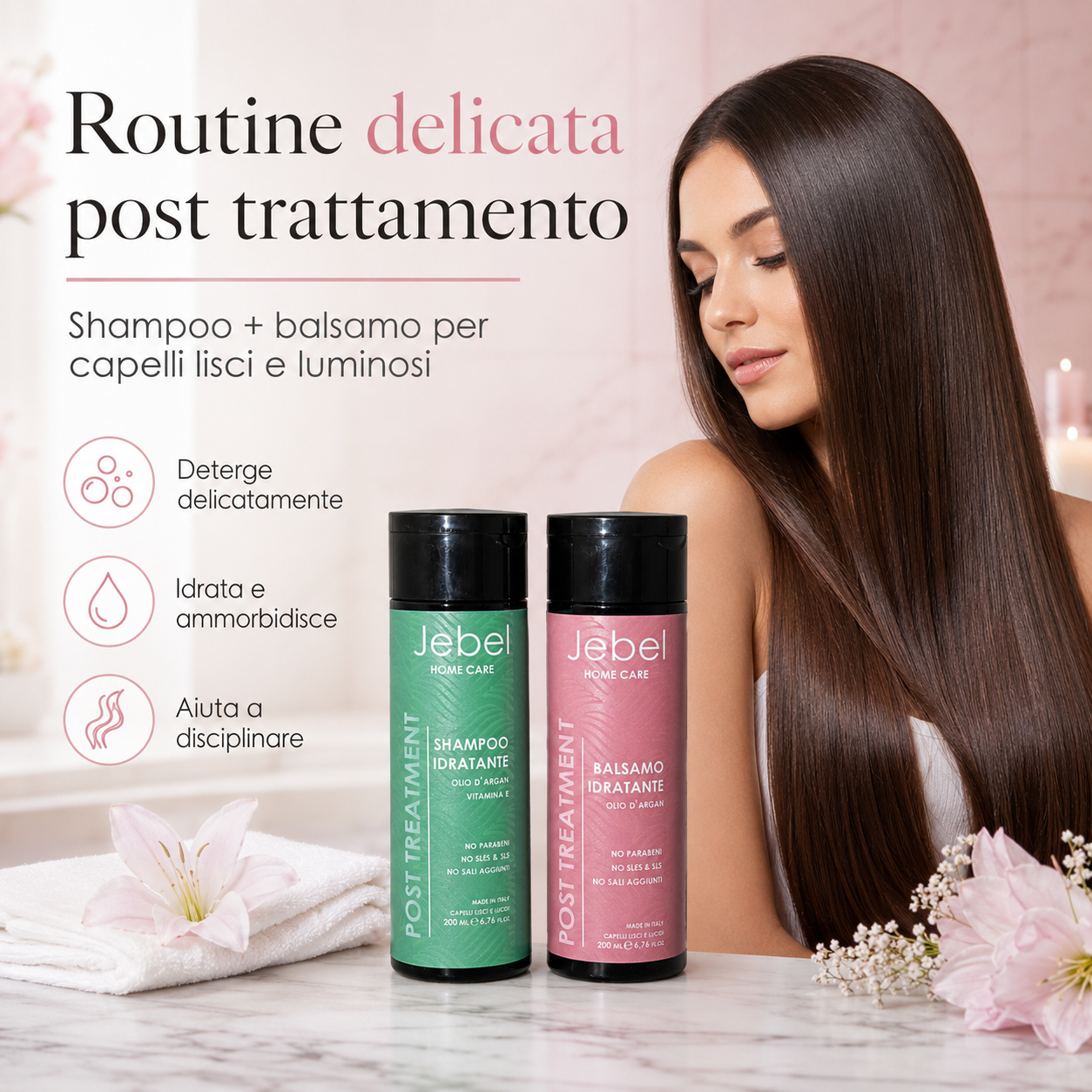 Immagine Shopify del kit JEBEL Post Treatment Home Care con shampoo idratante e balsamo idratante, dedicata alla routine delicata post trattamento per capelli lisci e luminosi, con azione detergente, idratante e disciplinante.