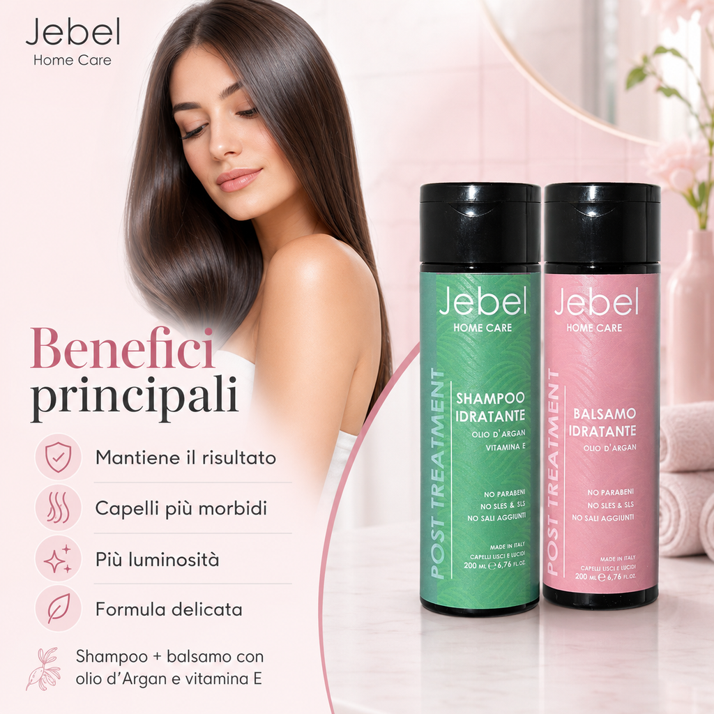 Immagine Shopify del kit JEBEL Post Treatment Home Care con shampoo idratante e balsamo idratante, dedicata ai benefici principali: mantenimento del risultato, capelli più morbidi, più luminosità e formula delicata con olio d’Argan e vitamina E.