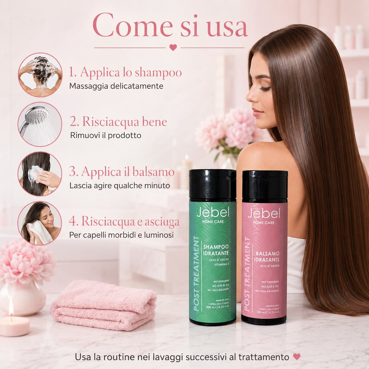 Immagine Shopify del kit JEBEL Post Treatment Home Care con shampoo idratante e balsamo idratante, dedicata al modo d’uso in 4 step: applica lo shampoo, risciacqua, applica il balsamo e risciacqua di nuovo per capelli più morbidi e luminosi.