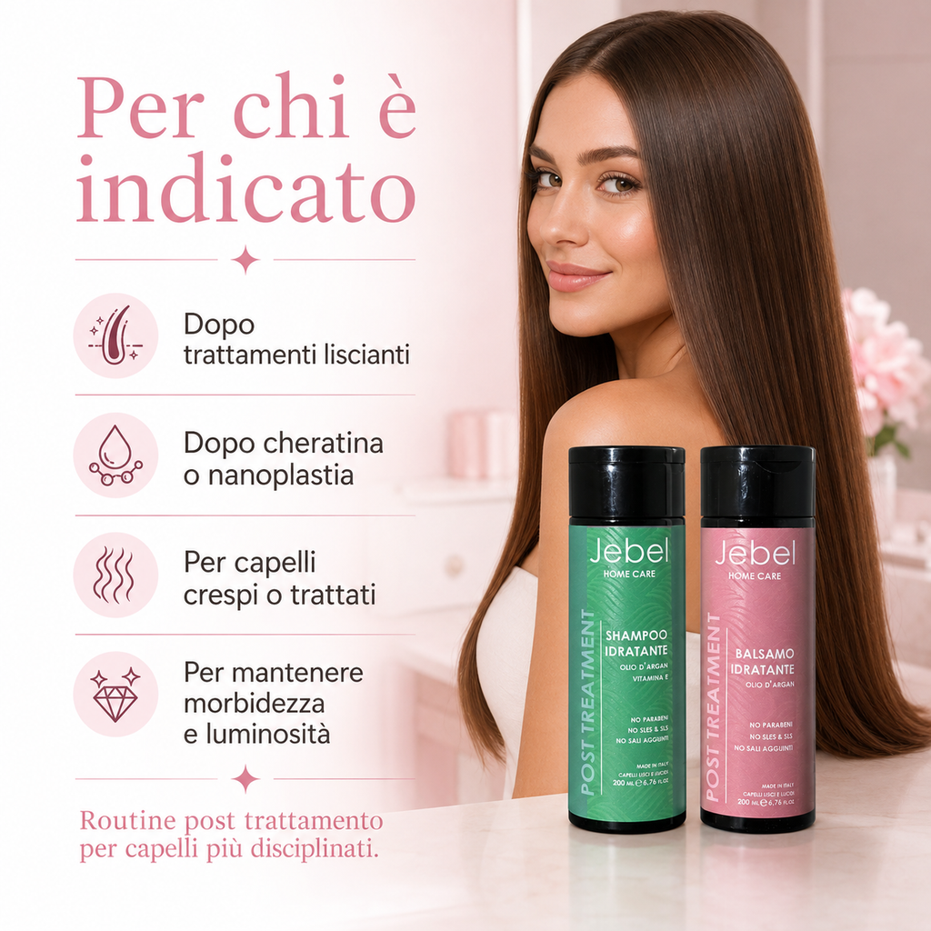 Immagine Shopify del kit JEBEL Post Treatment Home Care con shampoo idratante e balsamo idratante, indicata per capelli trattati, crespi o secchi dopo trattamenti liscianti, cheratina o nanoplastia, per mantenere morbidezza e luminosità.