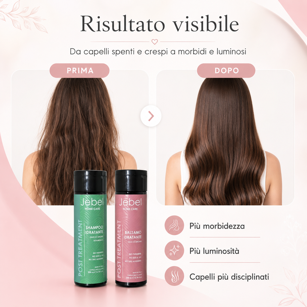 Immagine Shopify del kit JEBEL Post Treatment Home Care con confronto prima e dopo, da capelli spenti e crespi a capelli più morbidi, luminosi e disciplinati.