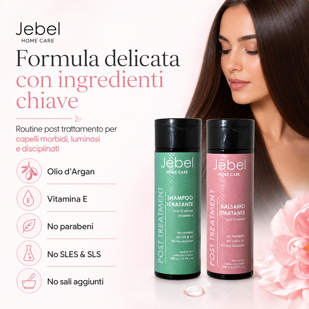 Immagine Shopify del kit JEBEL Post Treatment Home Care con shampoo idratante e balsamo idratante, dedicata alla formula delicata con olio d’Argan, vitamina E, senza parabeni, senza SLES e SLS e senza sali aggiunti.