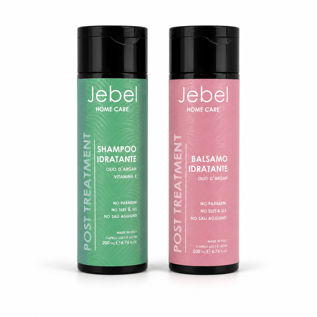 Hero Shopify del kit JEBEL Post Treatment Home Care con le due bottiglie su sfondo bianco: shampoo idratante e balsamo idratante post trattamento per il mantenimento dopo cheratina e nanoplastia.