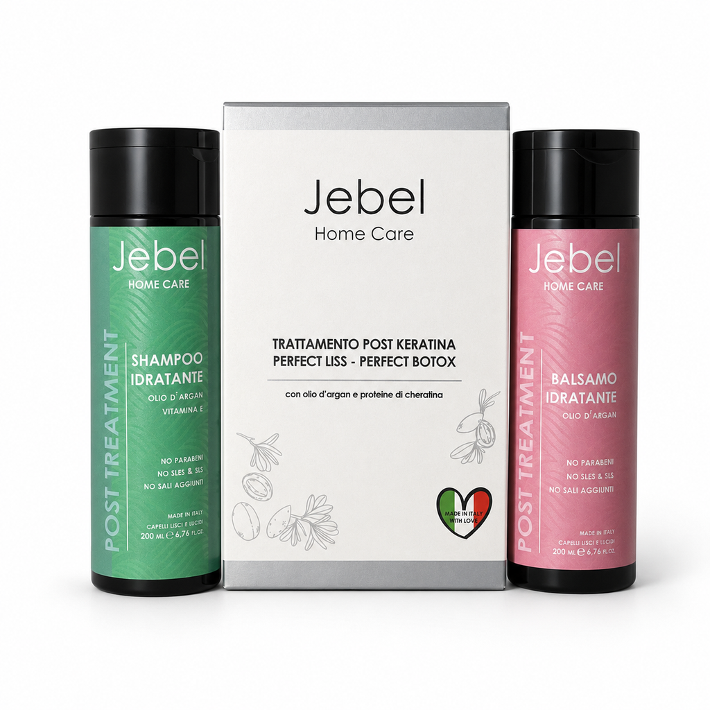 Hero Shopify del kit JEBEL Post Treatment Home Care con scatola e due prodotti visibili: shampoo idratante e balsamo idratante post trattamento, ideali per il mantenimento dopo cheratina e nanoplastia.