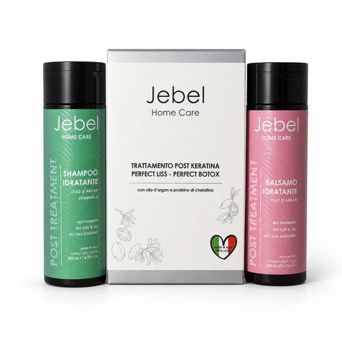 Hero Shopify del kit JEBEL Post Treatment Home Care con scatola e due prodotti visibili: shampoo idratante e balsamo idratante post trattamento, ideali per il mantenimento dopo cheratina e nanoplastia.
