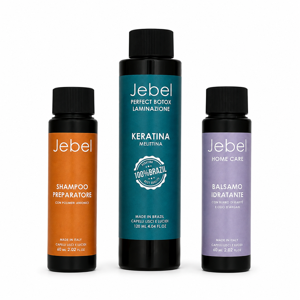Hero Shopify del kit JEBEL Perfect Botox Laminazione con le tre singole bottiglie su sfondo bianco: shampoo preparatore, keratina melittina e balsamo idratante.