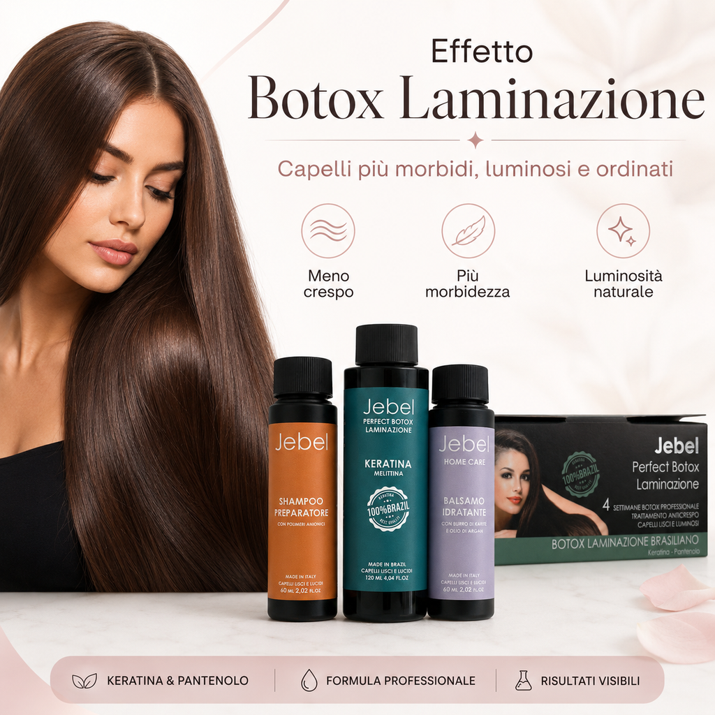Immagine Shopify del kit JEBEL Perfect Botox Laminazione con shampoo preparatore, keratina melittina, balsamo idratante e scatola, dedicata all’effetto botox laminazione per capelli più morbidi, luminosi, ordinati e con meno crespo.