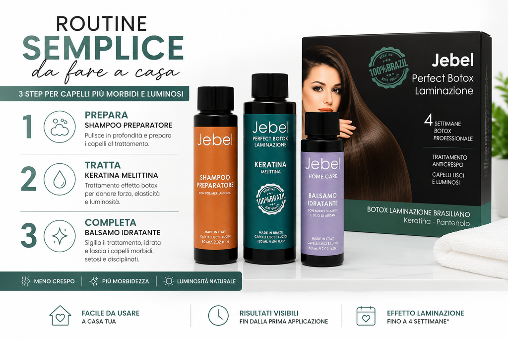 Immagine Shopify del kit JEBEL Perfect Botox Laminazione con routine semplice da fare a casa in 3 step: shampoo preparatore, keratina melittina e balsamo idratante, per capelli più morbidi, luminosi e con meno crespo.
