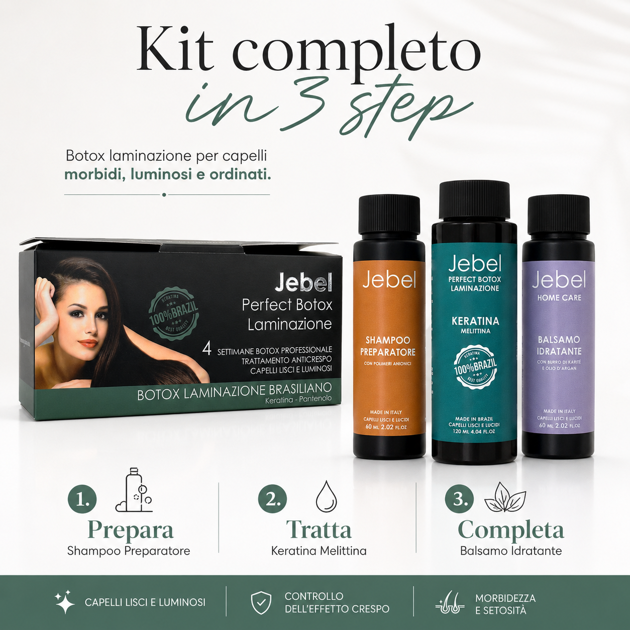 Immagine Shopify del kit JEBEL Perfect Botox Laminazione con scatola e tre prodotti, organizzati in 3 step: shampoo preparatore, keratina melittina e balsamo idratante per capelli morbidi, luminosi e ordinati.