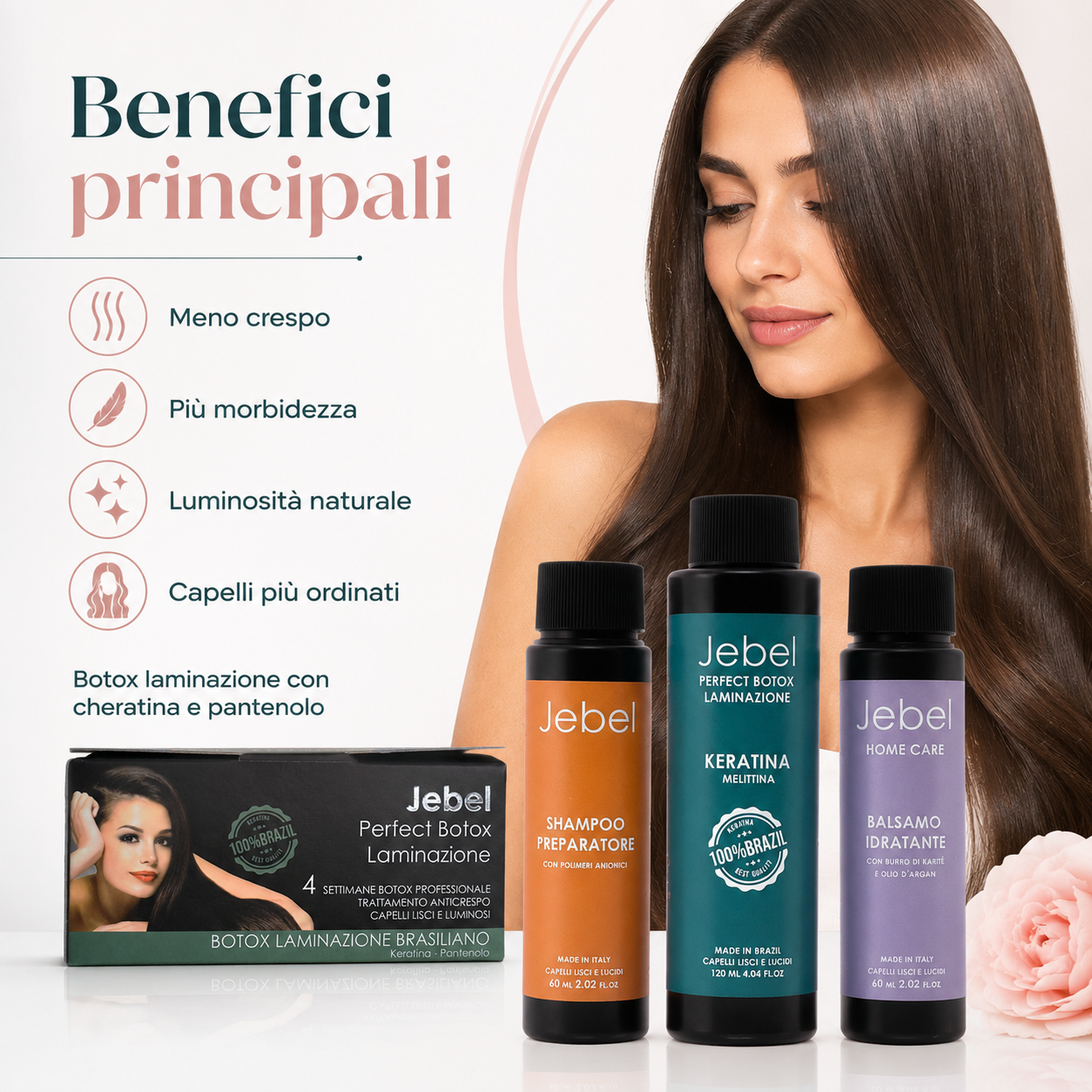 Immagine Shopify del kit JEBEL Perfect Botox Laminazione con scatola, shampoo preparatore, keratina melittina e balsamo idratante, dedicata ai benefici principali: meno crespo, più morbidezza, luminosità naturale e capelli più ordinati.