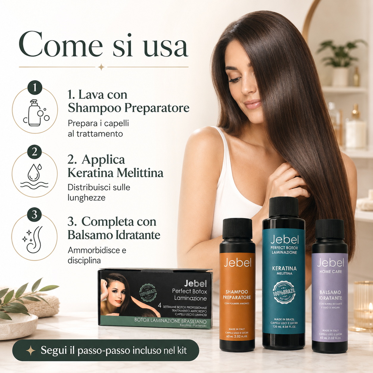 Immagine Shopify del kit JEBEL Perfect Botox Laminazione con istruzioni d’uso in 3 step: shampoo preparatore, applicazione della keratina melittina e balsamo idratante, con passo-passo incluso nel kit.