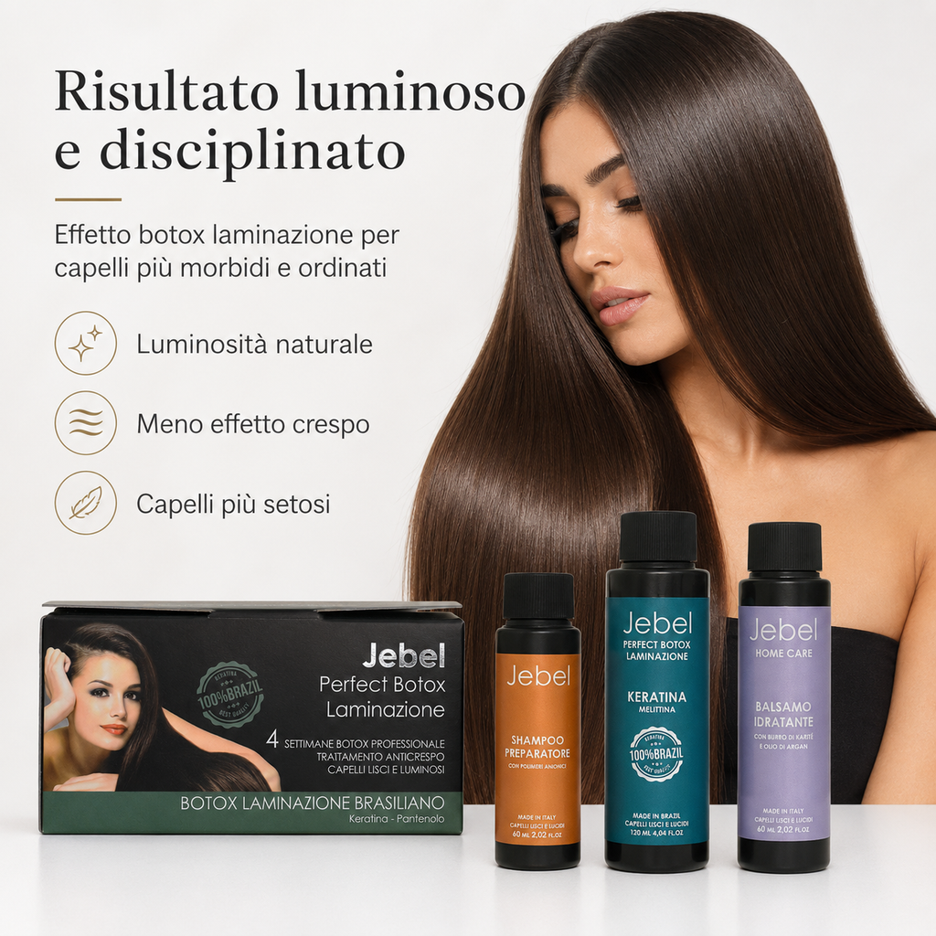 Immagine Shopify del kit JEBEL Perfect Botox Laminazione con scatola, shampoo preparatore, keratina melittina e balsamo idratante, dedicata al risultato luminoso e disciplinato con capelli più morbidi, setosi e meno crespi.
