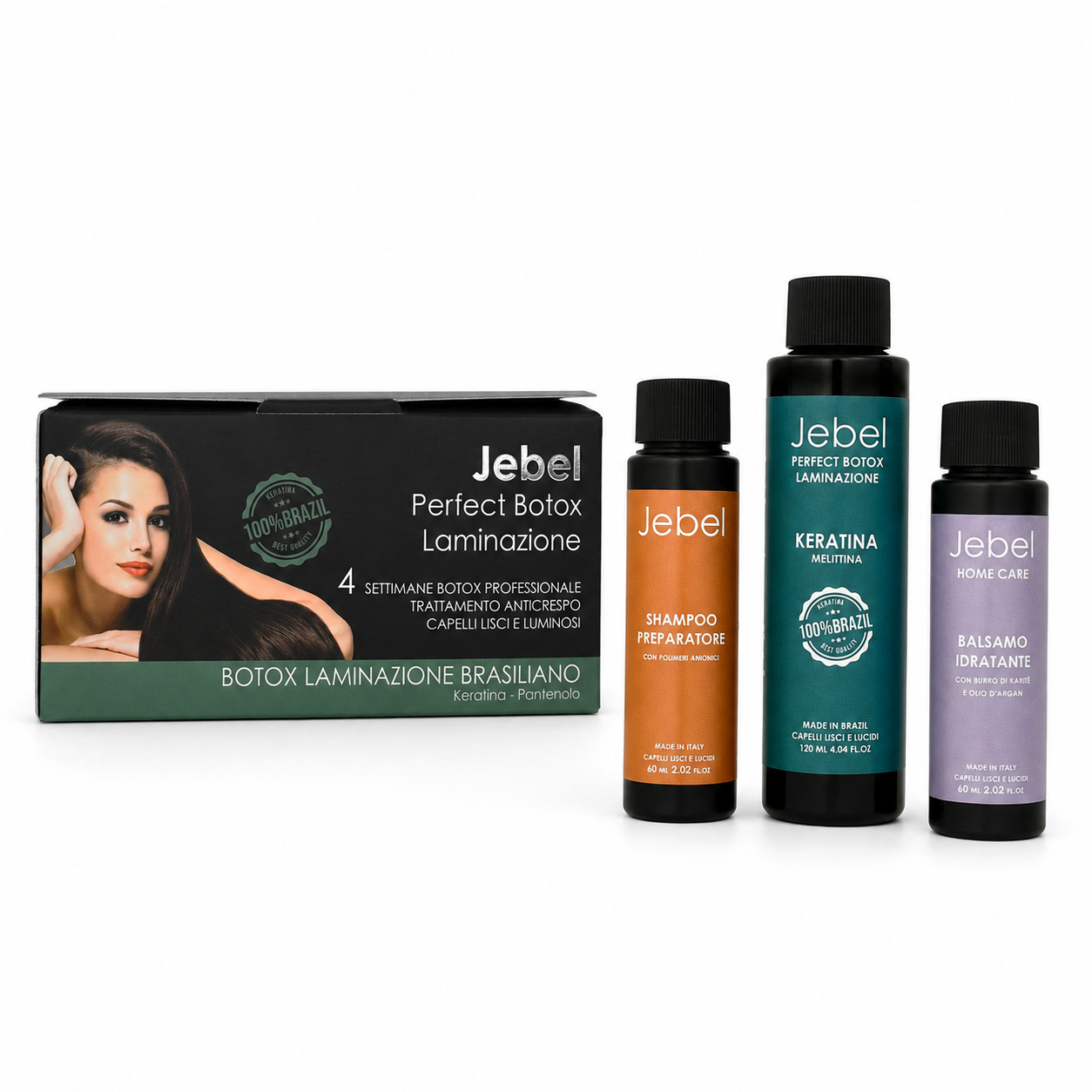 Hero Shopify del kit JEBEL Perfect Botox Laminazione con scatola e tre prodotti visibili su sfondo bianco: shampoo preparatore, keratina melittina e balsamo idratante.