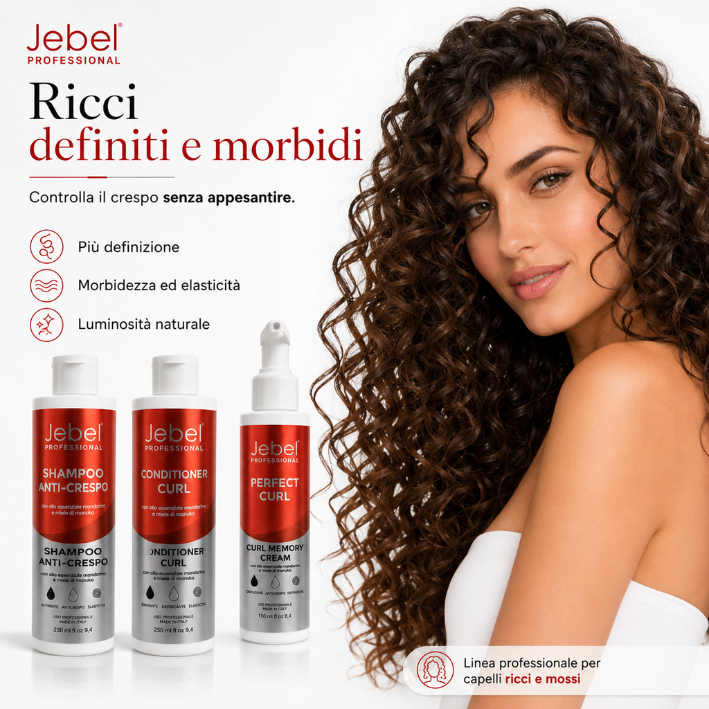 Immagine Shopify della linea JEBEL Perfect Curl con shampoo anti-crespo, conditioner curl e curl memory cream, dedicata a ricci definiti, morbidi e luminosi, con controllo del crespo senza appesantire.