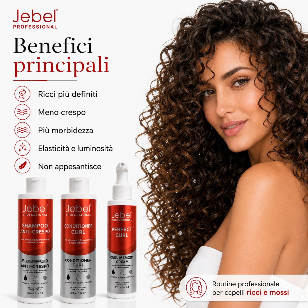 Immagine Shopify della linea JEBEL Perfect Curl con shampoo anti-crespo, conditioner curl e curl memory cream, dedicata ai benefici principali: ricci più definiti, meno crespo, più morbidezza, elasticità, luminosità e formula che non appesantisce.