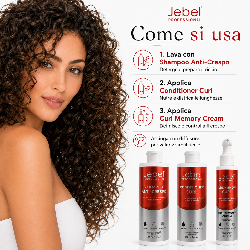 Immagine Shopify della linea JEBEL Perfect Curl con istruzioni d’uso in 3 step: shampoo anti-crespo, conditioner curl e curl memory cream, con asciugatura con diffusore per valorizzare i ricci.