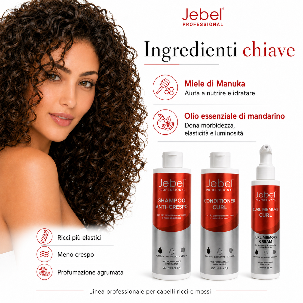Immagine Shopify della linea JEBEL Perfect Curl con shampoo anti-crespo, conditioner curl e curl memory cream, dedicata agli ingredienti chiave miele di Manuka e olio essenziale di mandarino per ricci più elastici, morbidi, luminosi e meno crespi.