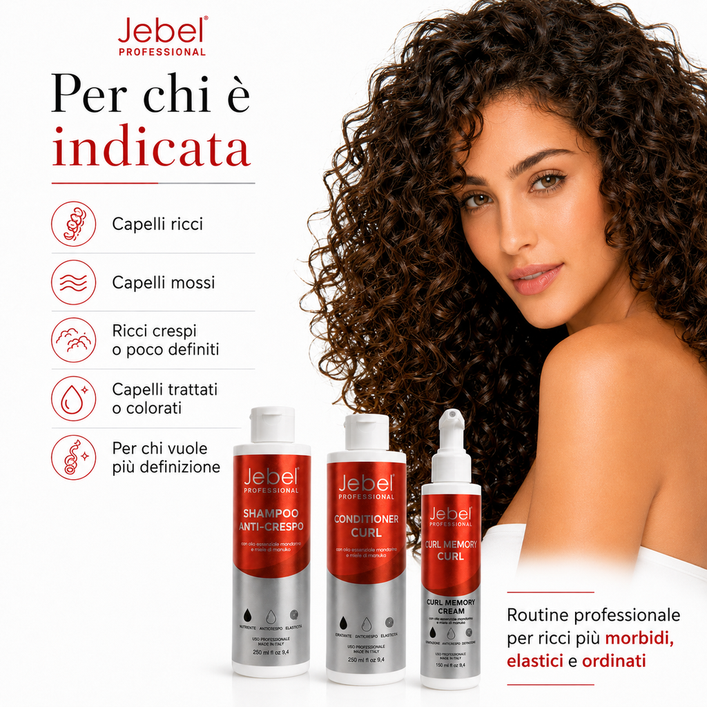 Immagine Shopify della linea JEBEL Perfect Curl con shampoo anti-crespo, conditioner curl e curl memory cream, indicata per capelli ricci, mossi, crespi o poco definiti, anche trattati o colorati, per ottenere ricci più morbidi, elastici e ordinati.