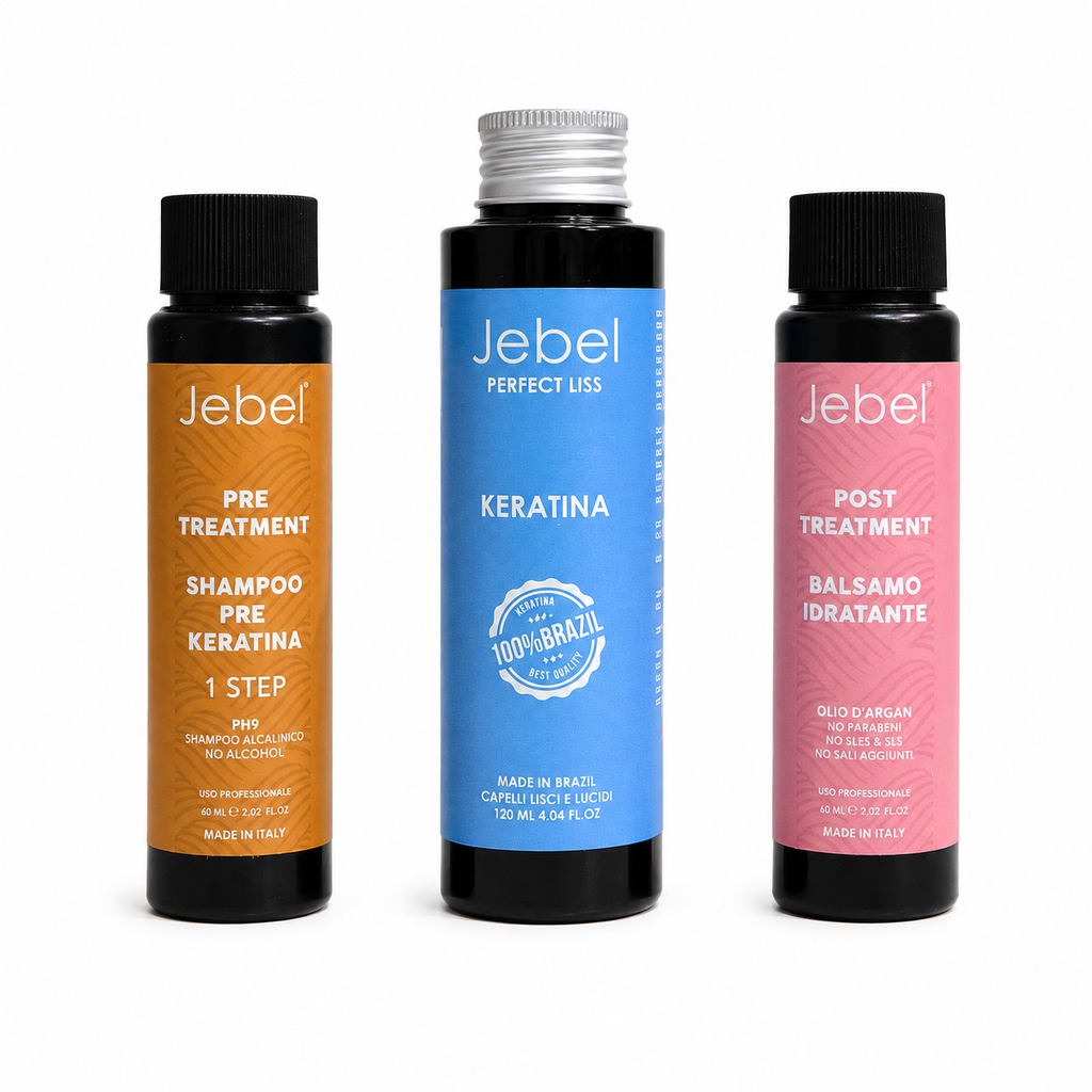 Hero Shopify del kit JEBEL Perfect Liss Laminazione con le tre singole bottiglie su sfondo bianco: shampoo pre trattamento, keratina e balsamo post trattamento.