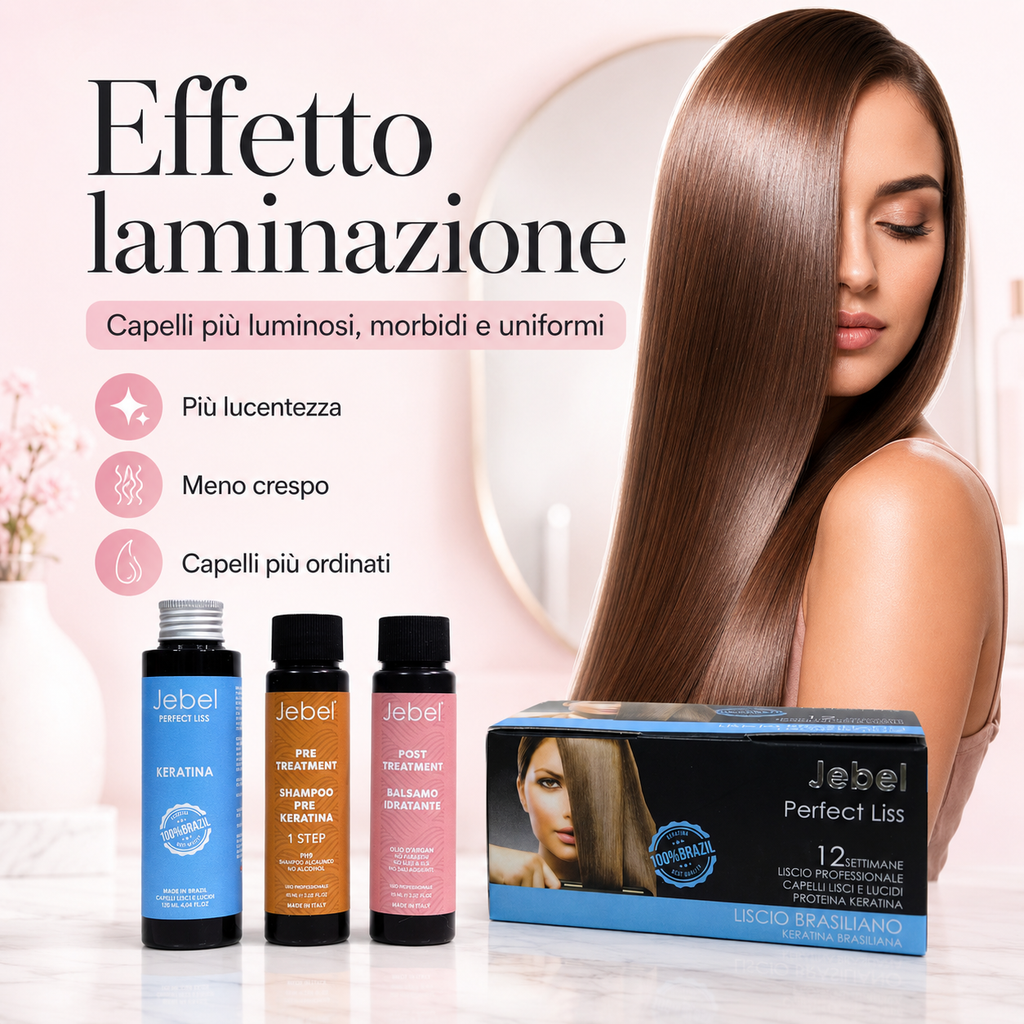 Immagine Shopify del kit JEBEL Perfect Liss Laminazione con effetto laminazione, capelli più luminosi, morbidi e uniformi, con focus su lucentezza, meno crespo e capelli più ordinati.