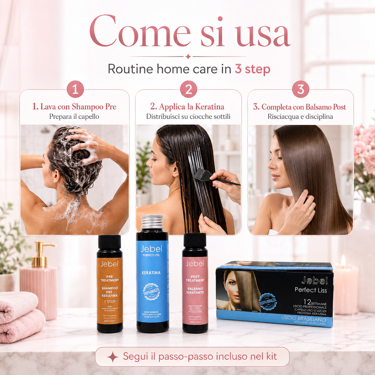 Immagine Shopify del kit JEBEL Perfect Liss Laminazione con istruzioni d’uso in 3 step: shampoo pre trattamento, applicazione della keratina e balsamo post trattamento, per una routine home care semplice e guidata.