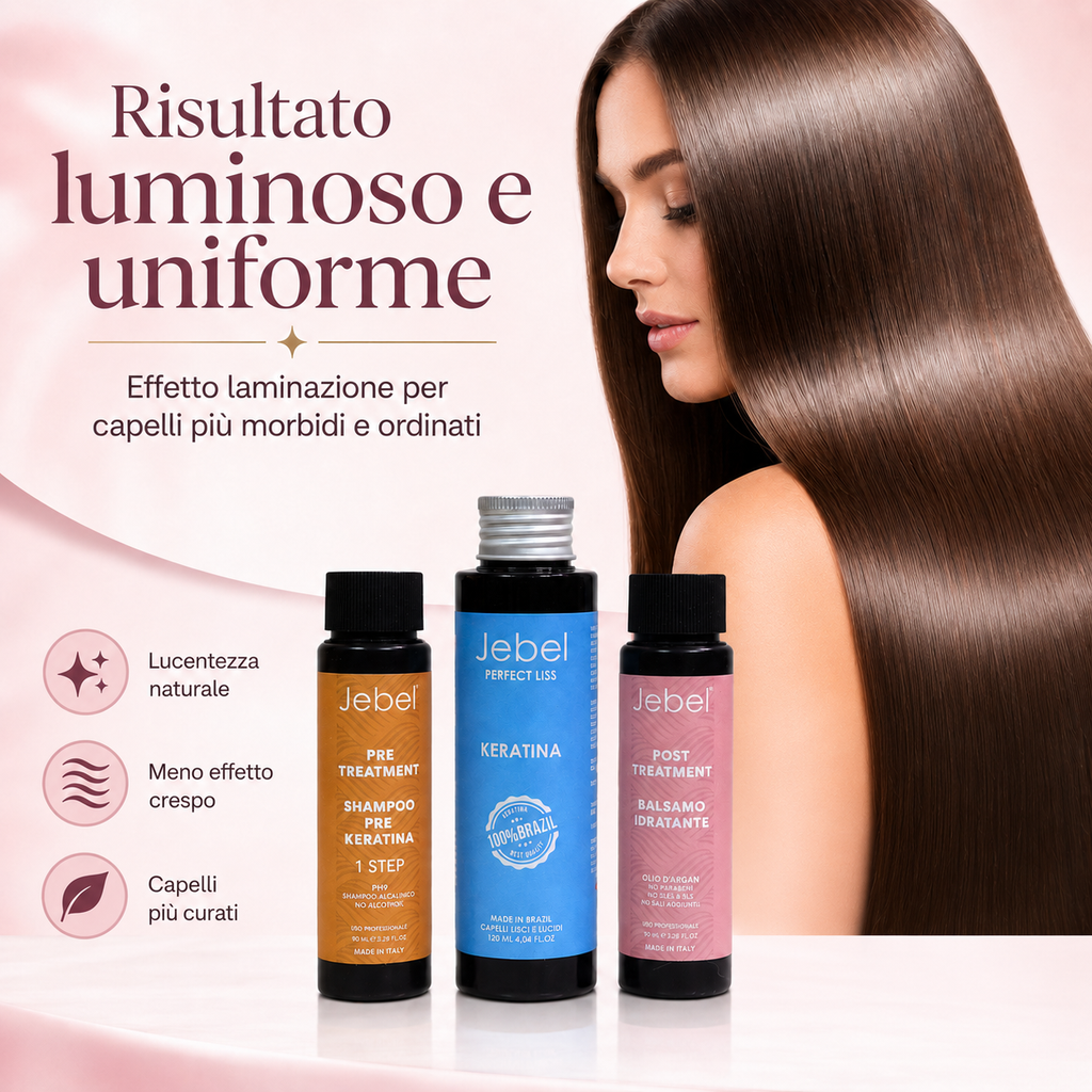 Immagine Shopify del kit JEBEL Perfect Liss Laminazione con risultato luminoso e uniforme, effetto laminazione per capelli più morbidi, ordinati e curati.