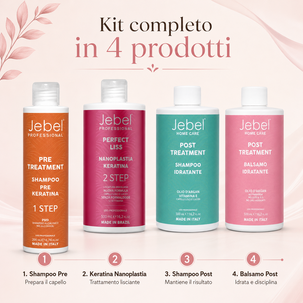 Kit completo JEBEL Perfect Liss Nanoplastia 500 ml con shampoo pre trattamento, keratina nanoplastia, shampoo post trattamento e balsamo post trattamento.