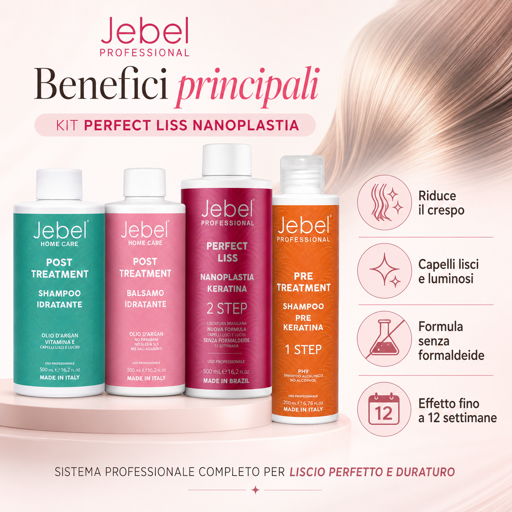 Benefici principali del kit JEBEL Perfect Liss Nanoplastia 500 ml per capelli lisci, luminosi, disciplinati e senza crespo.
