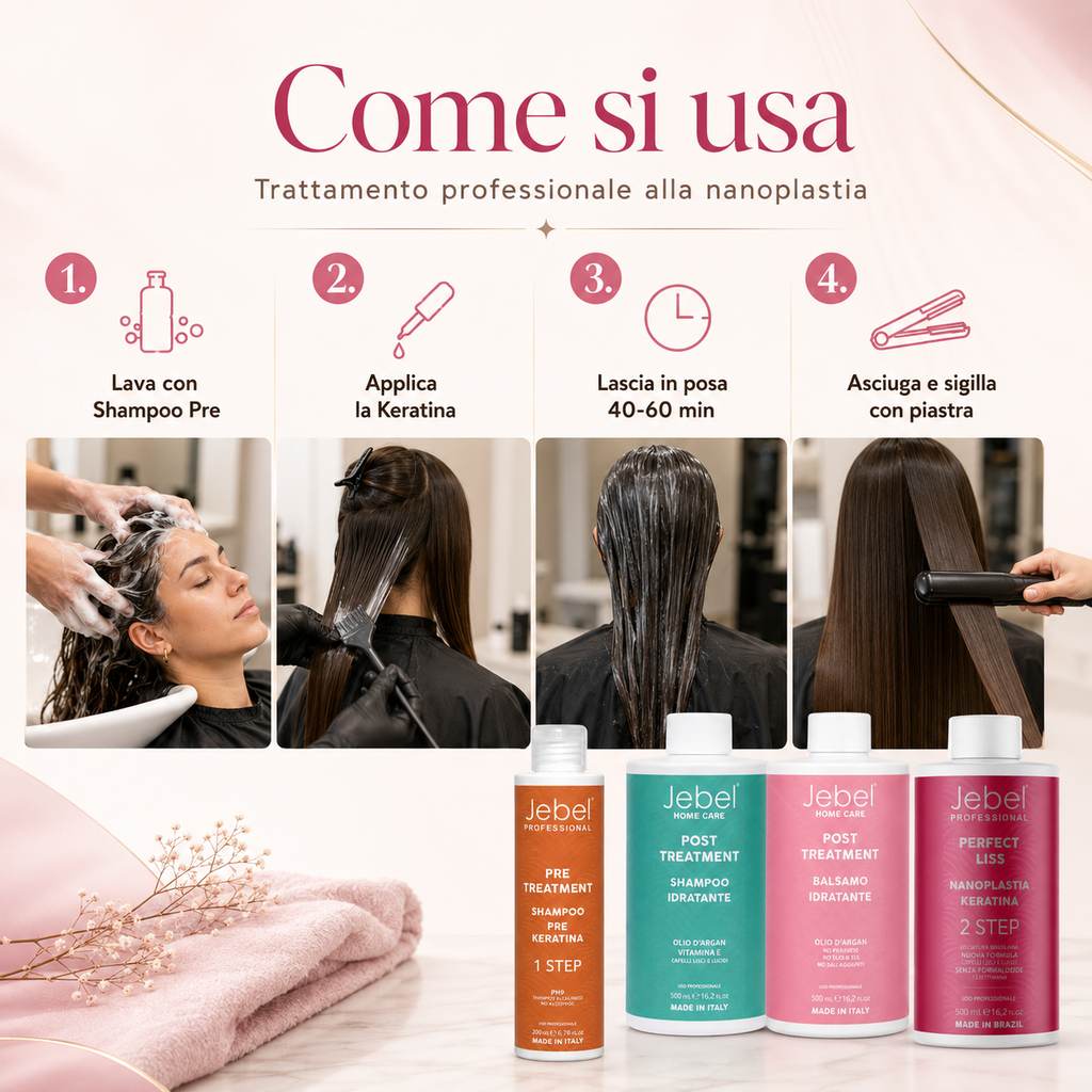Istruzioni d’uso del kit JEBEL Perfect Liss Nanoplastia 500 ml con shampoo pre trattamento, keratina nanoplastia, posa 40-60 minuti e sigillatura con piastra.