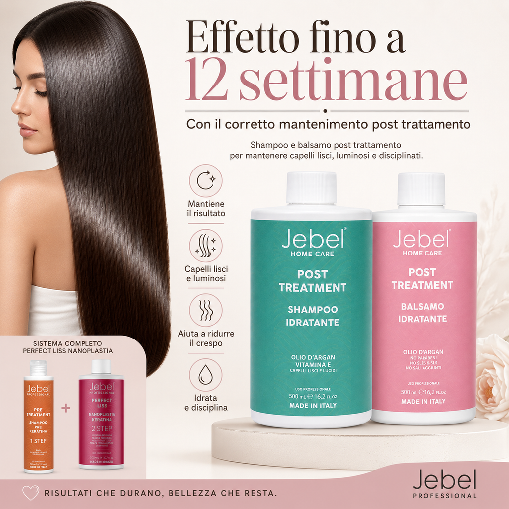 Immagine Shopify del kit JEBEL Perfect Liss Nanoplastia con focus sulla durata del risultato fino a 12 settimane e sul mantenimento con shampoo e balsamo post trattamento.