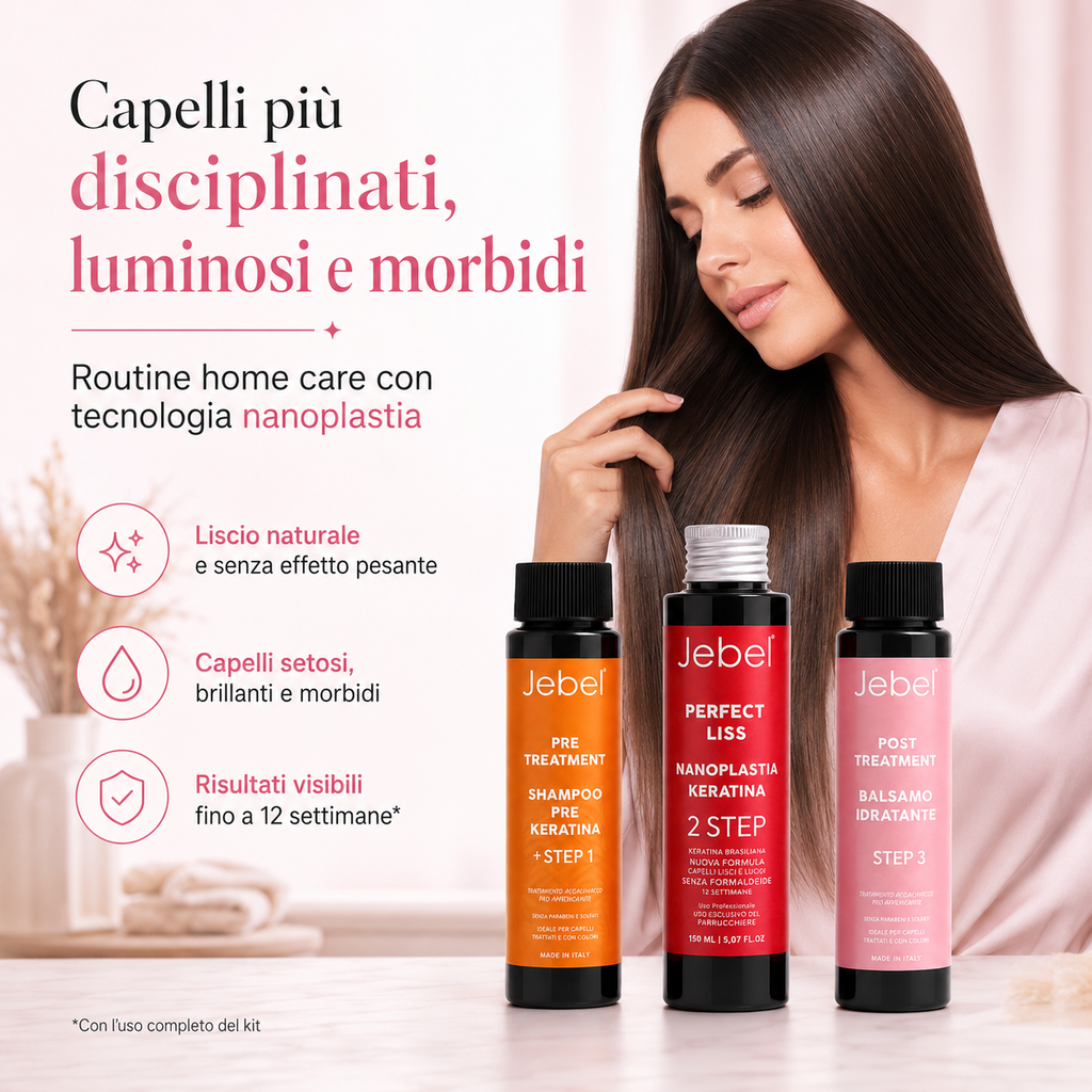 Immagine Shopify del kit JEBEL Perfect Liss Nanoplastia Home con tre prodotti e capelli lisci, luminosi e morbidi grazie alla routine home care con tecnologia nanoplastia.