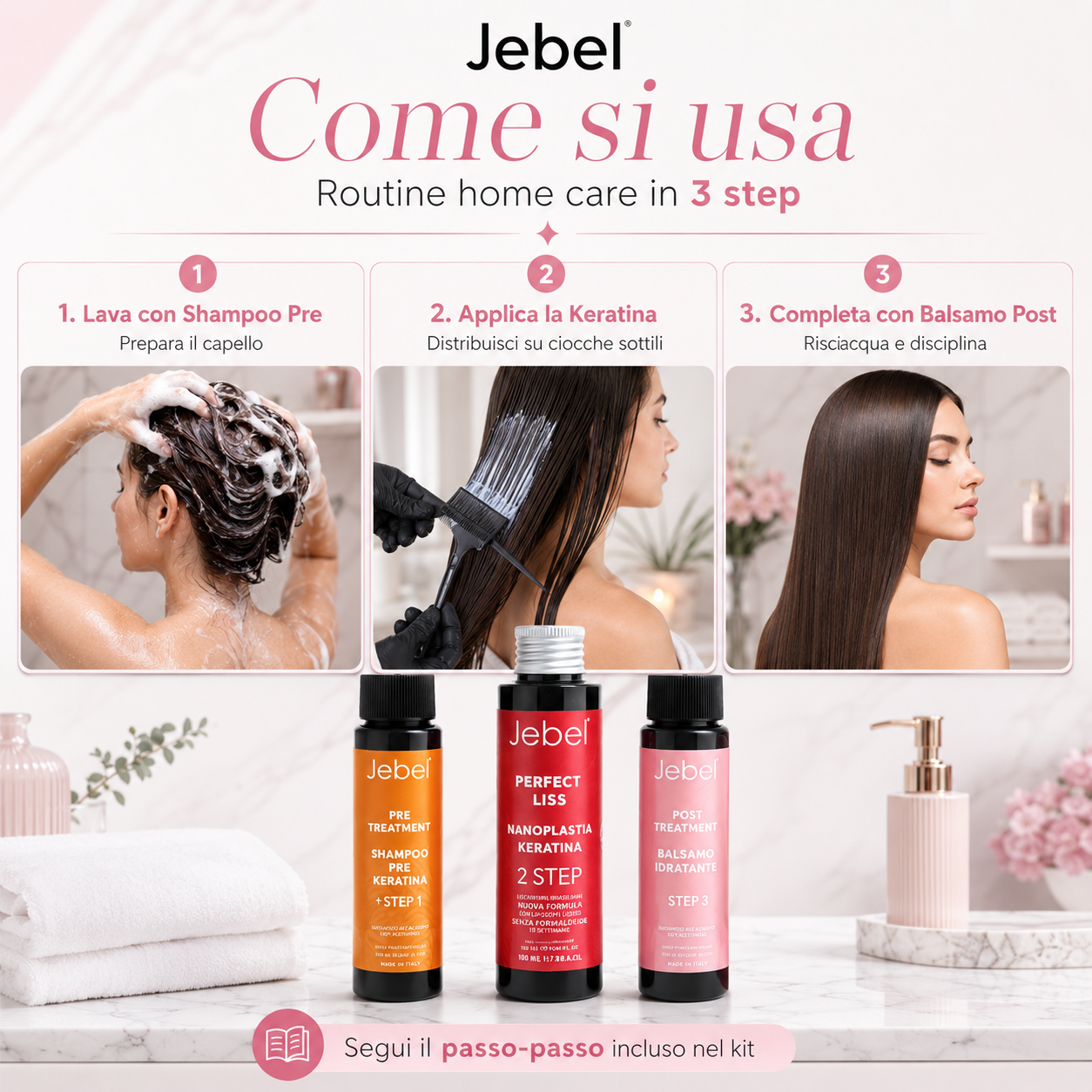 Immagine Shopify del kit JEBEL Perfect Liss Nanoplastia Home con istruzioni d’uso in 3 step: shampoo pre trattamento, applicazione della keratina nanoplastia e balsamo post trattamento.