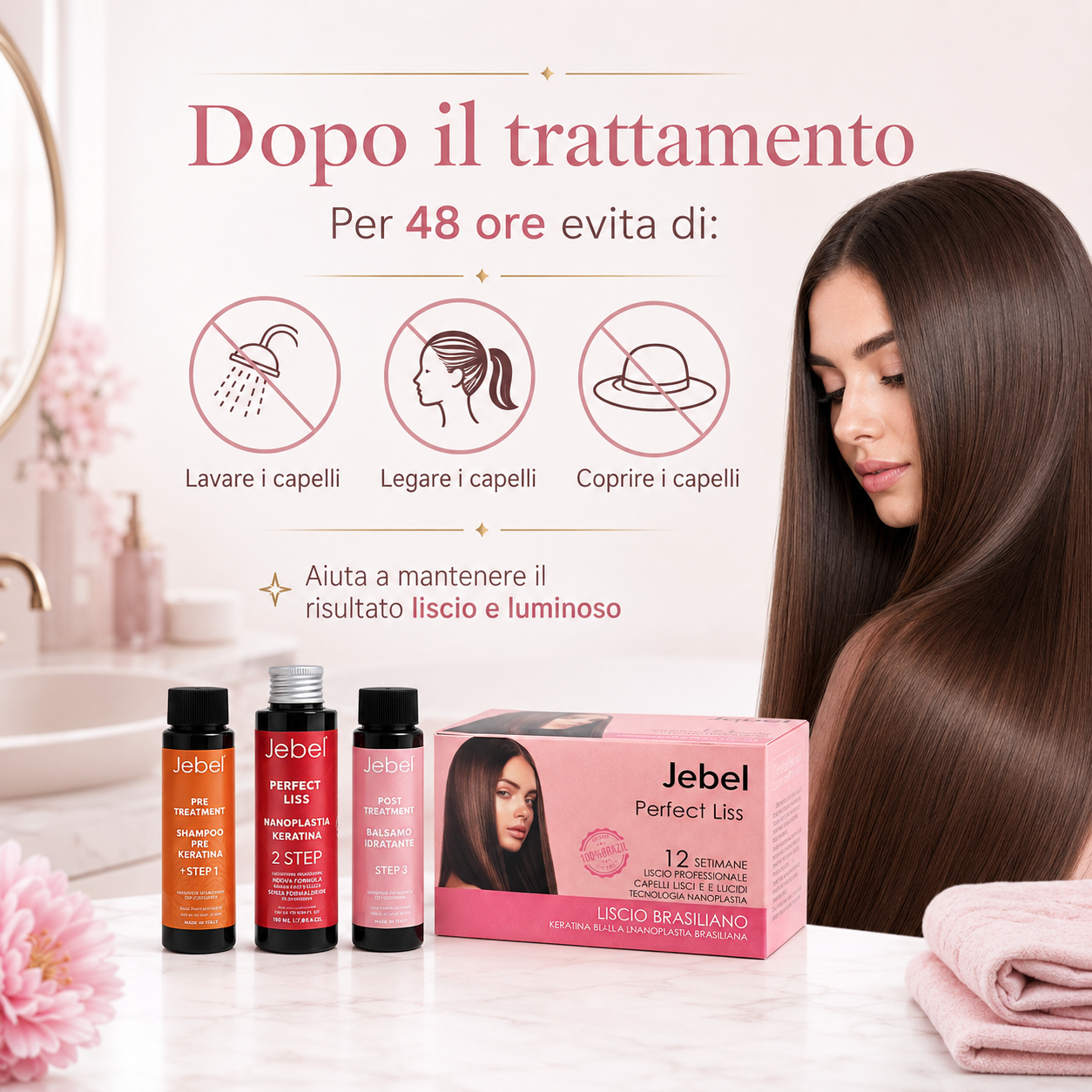 Immagine Shopify del kit JEBEL Perfect Liss Nanoplastia Home con regole post trattamento: per 48 ore evitare di lavare, legare o coprire i capelli per mantenere il risultato liscio e luminoso.