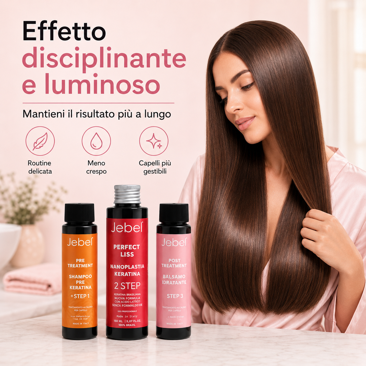 Immagine Shopify del kit JEBEL Perfect Liss Nanoplastia Home con effetto disciplinante e luminoso, pensata per mantenere capelli più gestibili, morbidi e con meno crespo nella routine quotidiana.