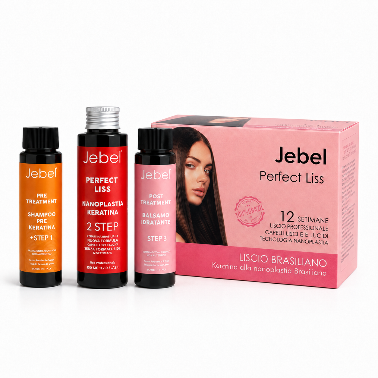 Hero Shopify del kit JEBEL Perfect Liss Nanoplastia Home con scatola e tre prodotti visibili: shampoo pre trattamento, keratina nanoplastia e balsamo post trattamento.