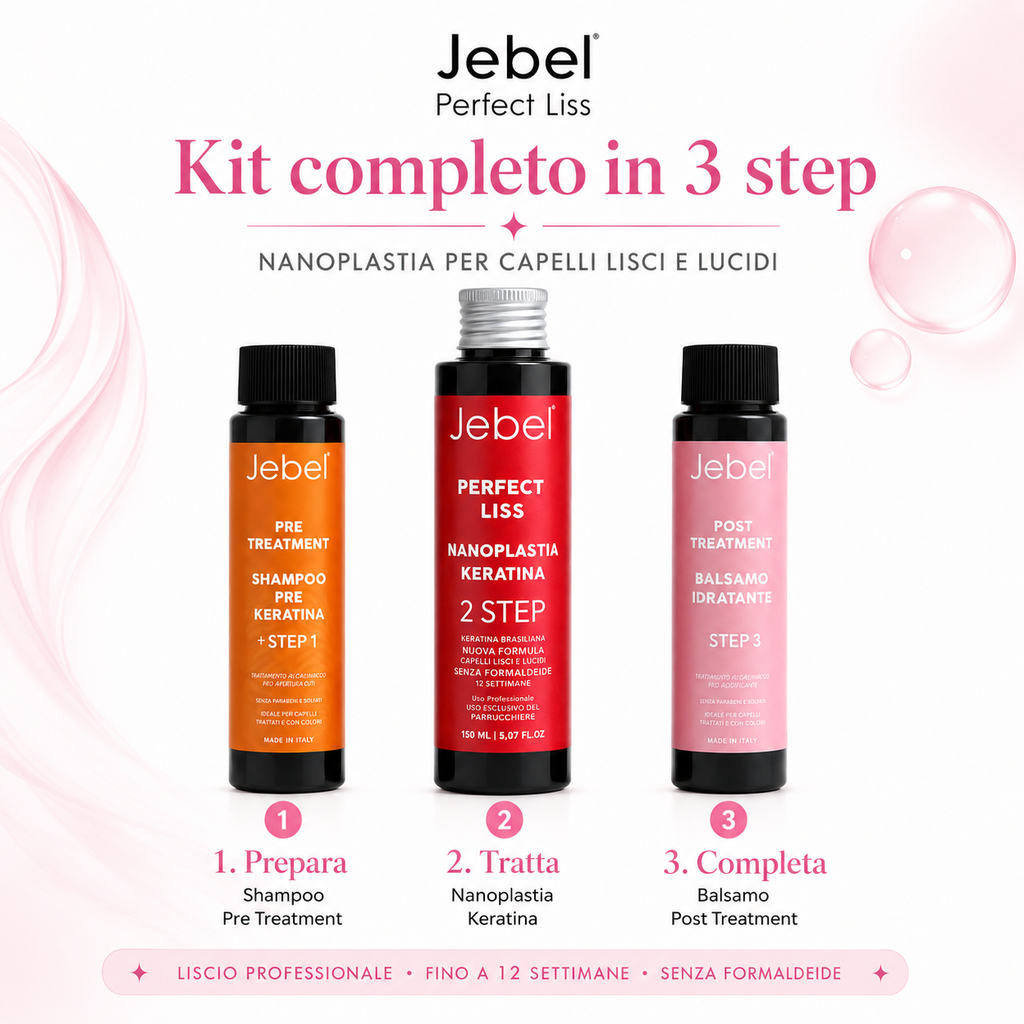 Immagine Shopify del kit JEBEL Perfect Liss Nanoplastia Home con i tre prodotti del trattamento mostrati come routine completa in 3 step: prepara, tratta e completa.