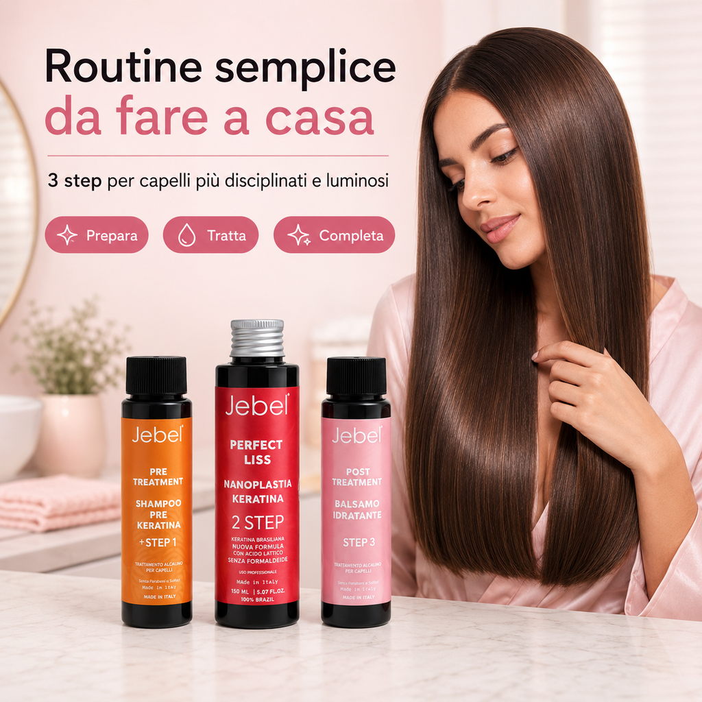 Immagine Shopify del kit JEBEL Perfect Liss Nanoplastia Home con tre prodotti e una modella con capelli lisci e luminosi, dedicata a una routine semplice da fare a casa in 3 step.