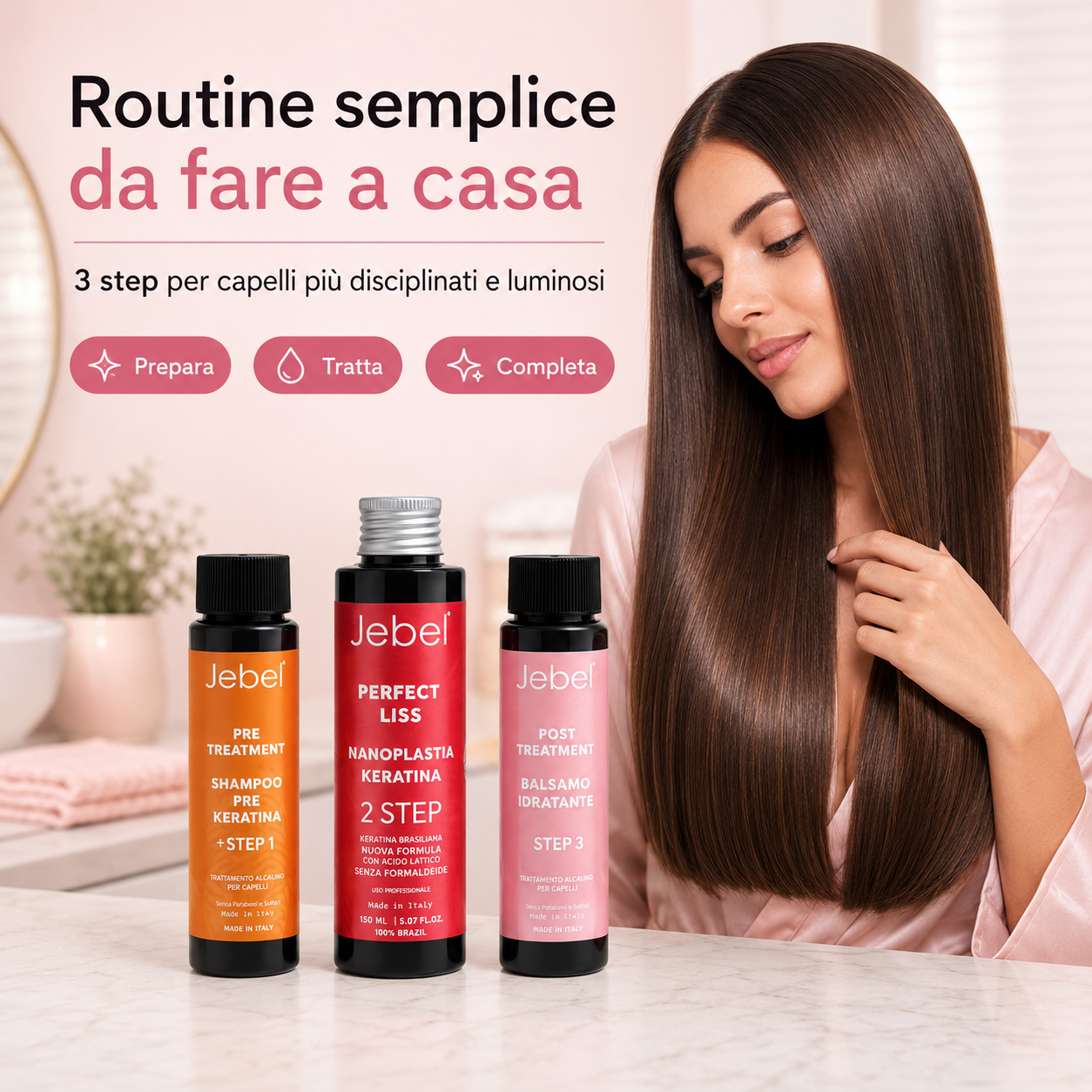 Immagine Shopify del kit JEBEL Perfect Liss Nanoplastia Home con tre prodotti e una modella con capelli lisci e luminosi, dedicata a una routine semplice da fare a casa in 3 step.