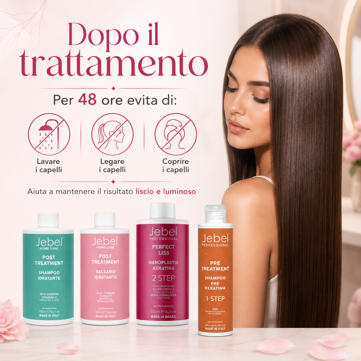 Prima e dopo del trattamento JEBEL Perfect Liss Nanoplastia 500 ml, da capelli crespi e gonfi a capelli lisci, luminosi e disciplinati.