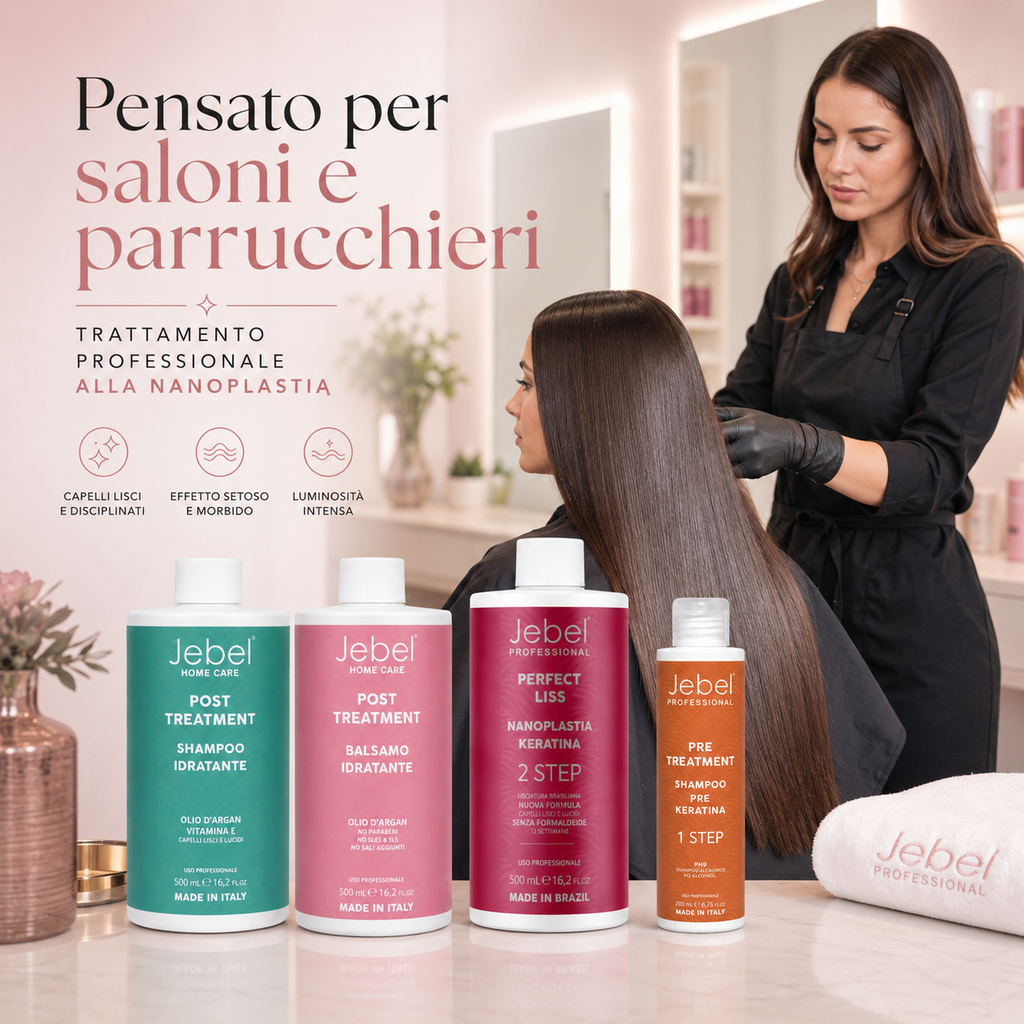 Kit professionale JEBEL Perfect Liss Nanoplastia 500 ml pensato per saloni e parrucchieri, con trattamento alla nanoplastia per capelli lisci e disciplinati.